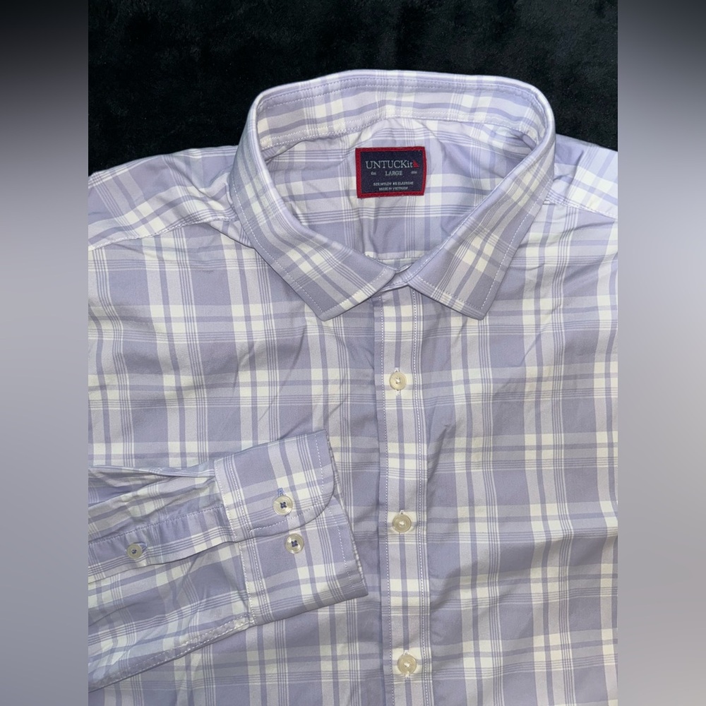 UNTUCKit Performance Men's Large Button Up Shirt Purple White Plaid L/S Stretch